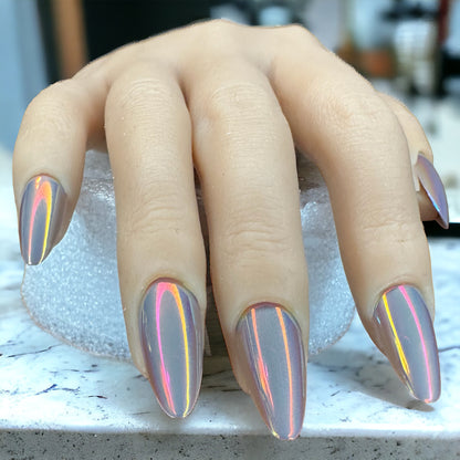 Fingers wearing chrome color medium almond shape press-on nails