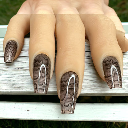 Fingers long coffin shape press-on nails with a snake skin design